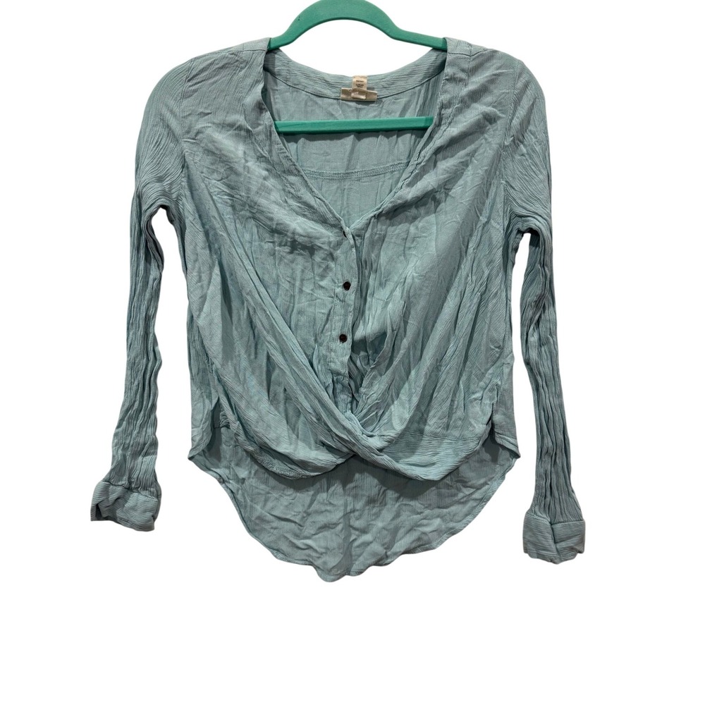 ana A New‎ Approach Womens XS Seafoam Blue Twist Front Crinkle Rayon Blouse Top